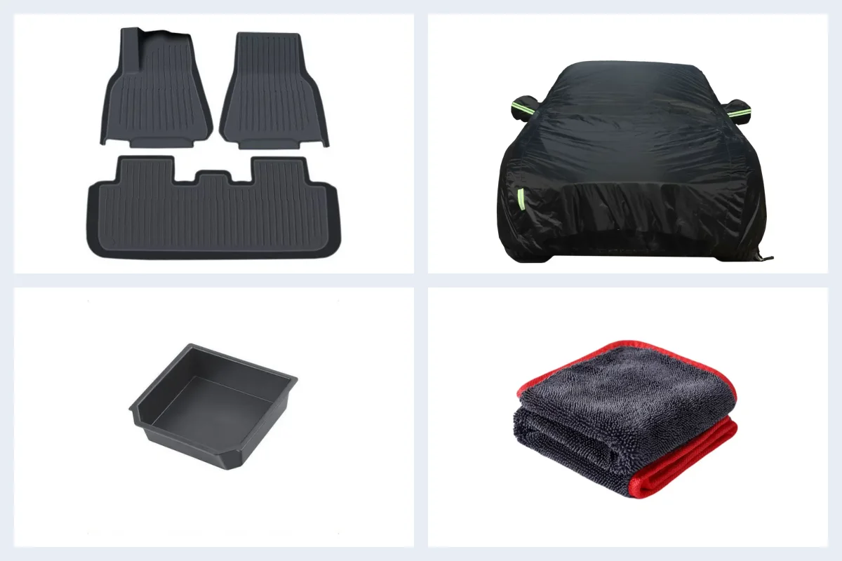 Product selection: floor mats, a car cover, a console organizer and detailing towels