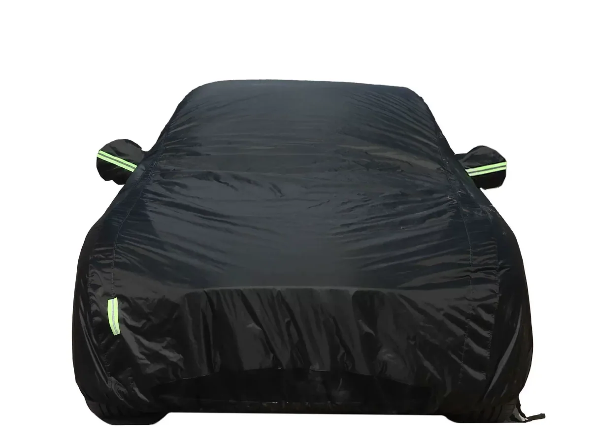 Black full vehicle cover with mirror pockets and reflective strips