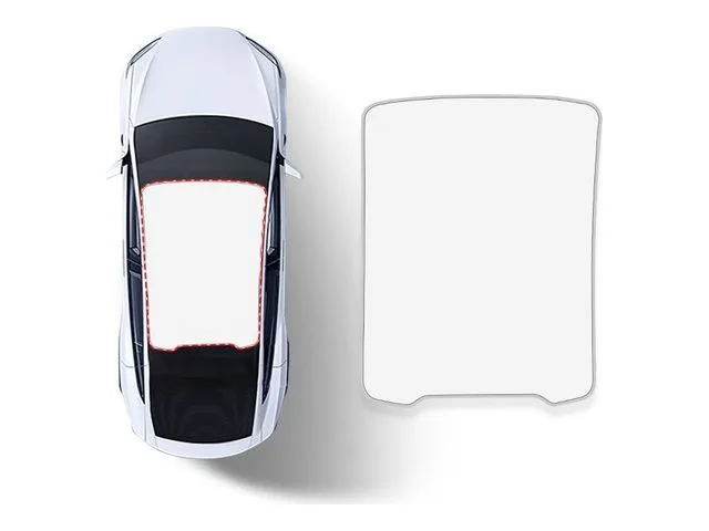 Top view of the vehicle roof area beside a one-piece glass-roof sunshade